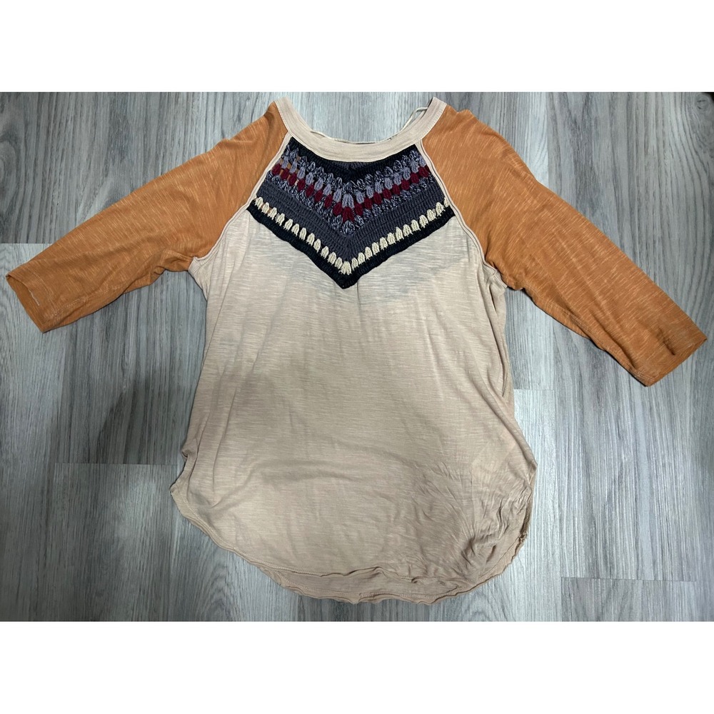 We The Free Free People Tan Rust Crochet Bib Raglan Slub Knit Top Medium
